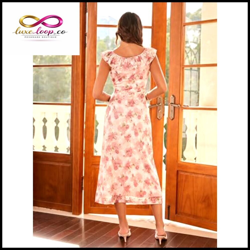 Floral Ruffle V-Neck Maxi Dress Formal Wedding Guest Cocktail Outfit - Picture 5 of 7